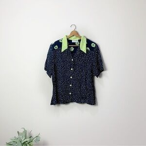 Women's Vintage Navy Blue & Green Polka Dot Floral Button Down Short Sleeve Top